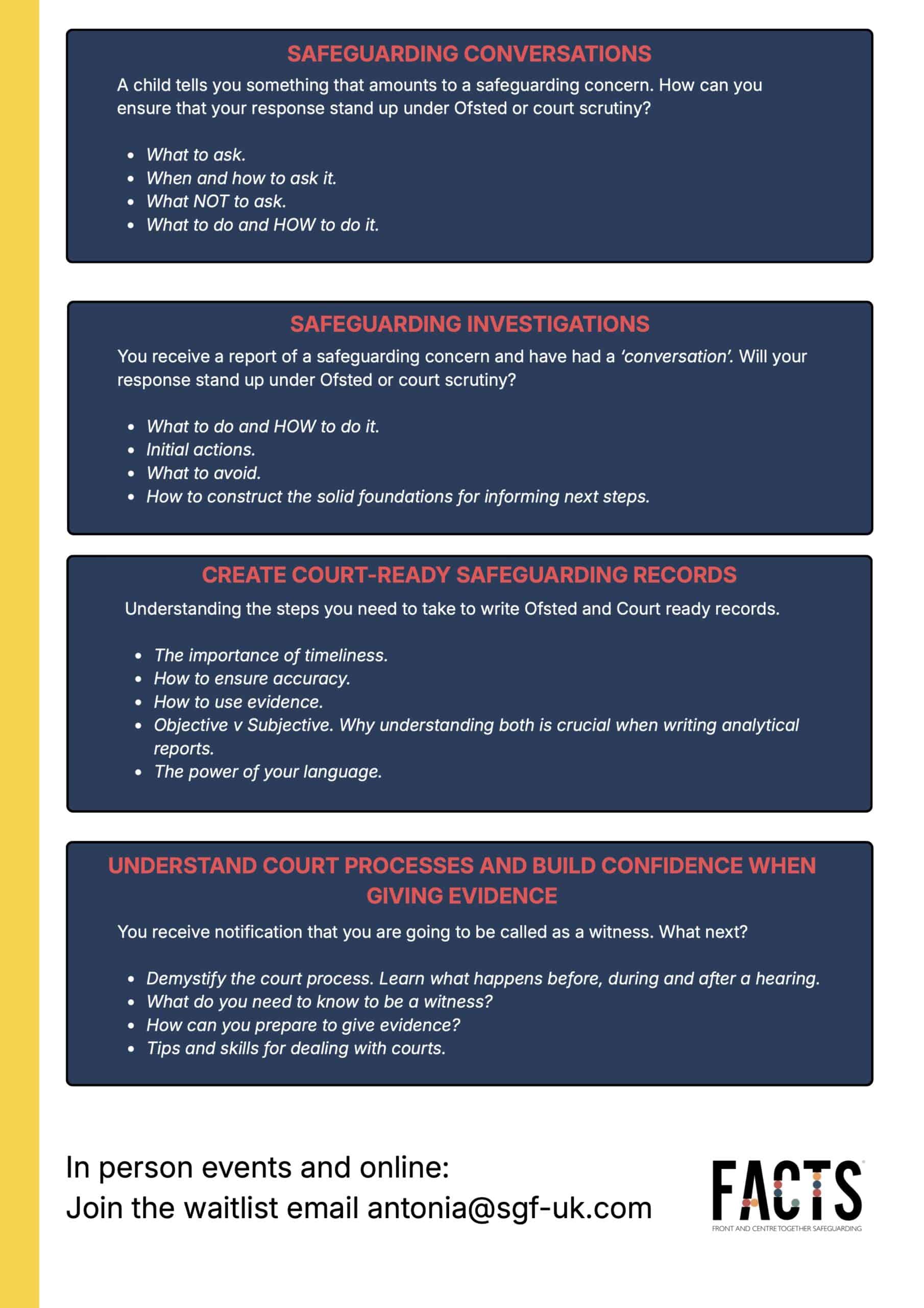 Safeguarding Fundamentals infographic highlighting key steps for safeguarding conversations, investigations, court records, and building confidence in court processes.