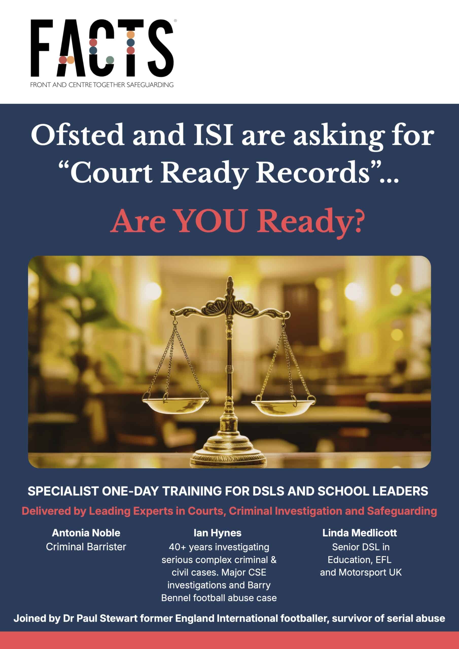 Scales of justice symbolising court readiness and legal safeguarding, with a blurred courtroom background, emphasizing legal preparedness for safeguarding cases.